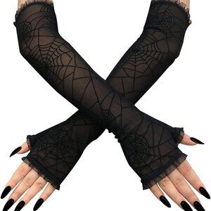 Women's Spider Web Gloves Sheer Spider Web Lace Fingerless Gloves Sequins Spider